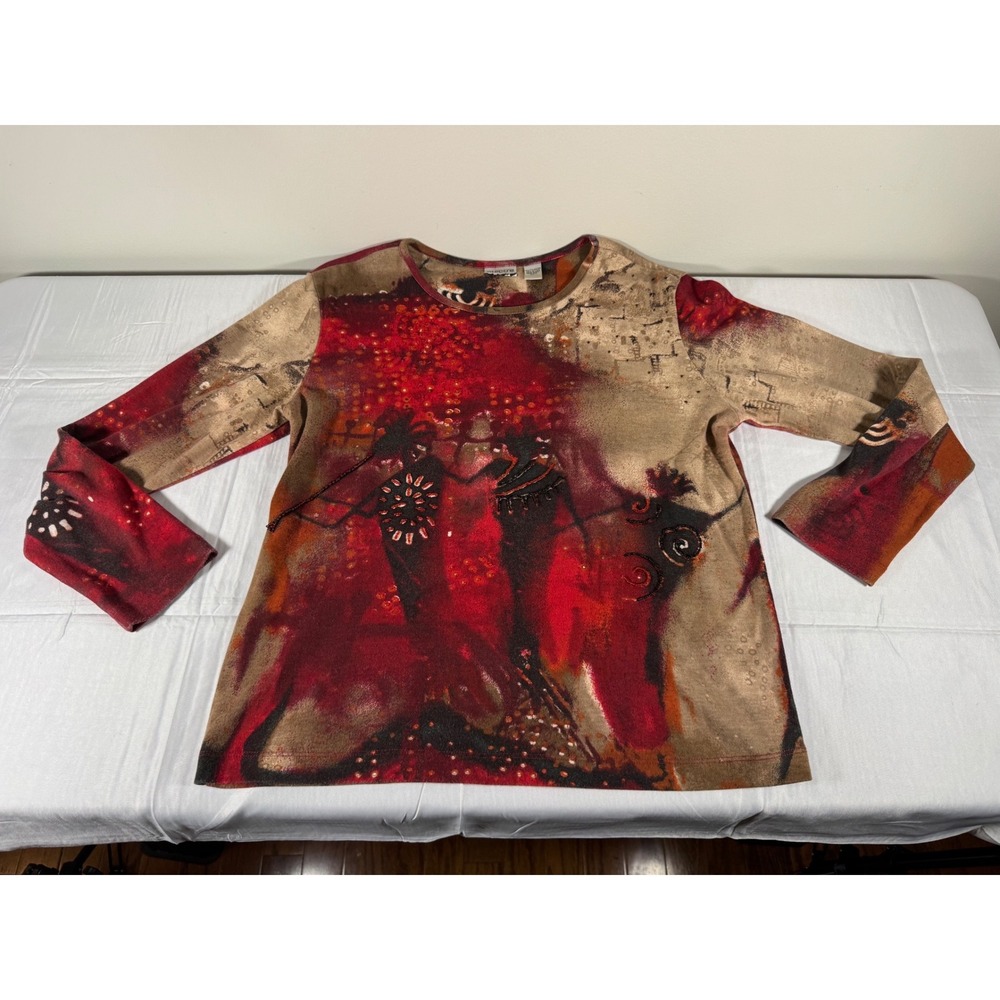 Chicos Women Size 2 Red Abstract Print Beaded Long Sleeve Top Art to Wear Tee